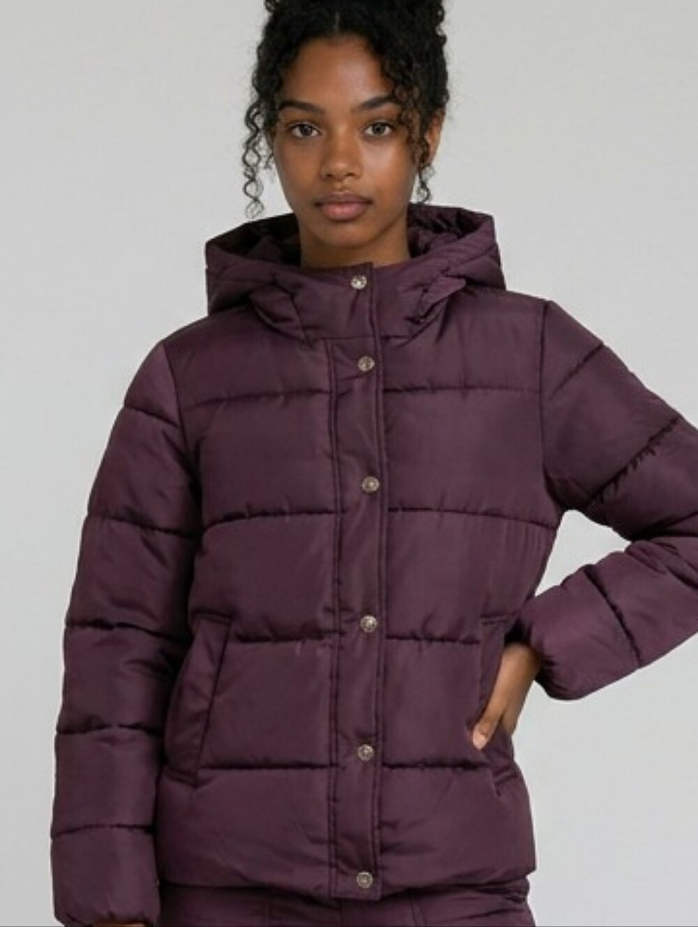 DKNY Puffer Jacket Girls Large Burgundy Quilted Hoodied Full Zip Snap Buttons